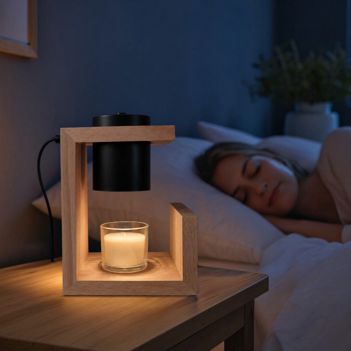 SOMNEVIA Glow on a bedside table with a woman sleeping in the background